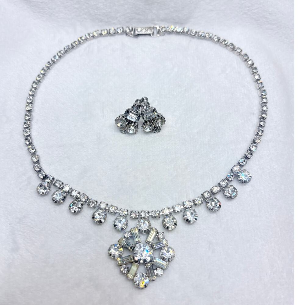 Signed Garne Rhinestone Necklace & Screw Back Earring Set Mid Century